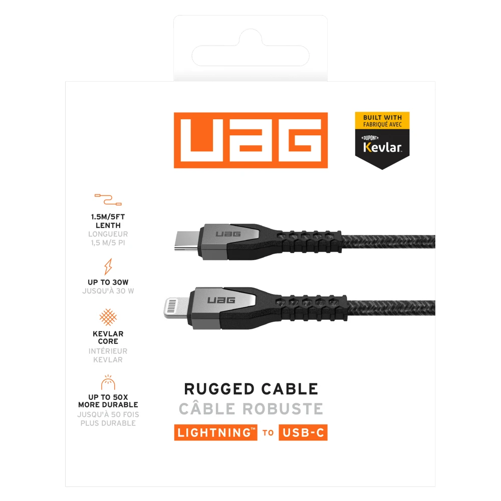 UAG Rugged Kevlar USB-C to Lightning 5ft (1.5m) Power Cable - Black and Grey