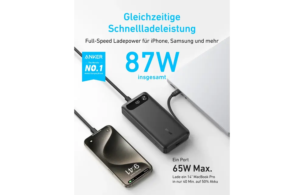 Anker Two-Way Power Bank Built in USB-C Cable 87W 20,000mAh - Black