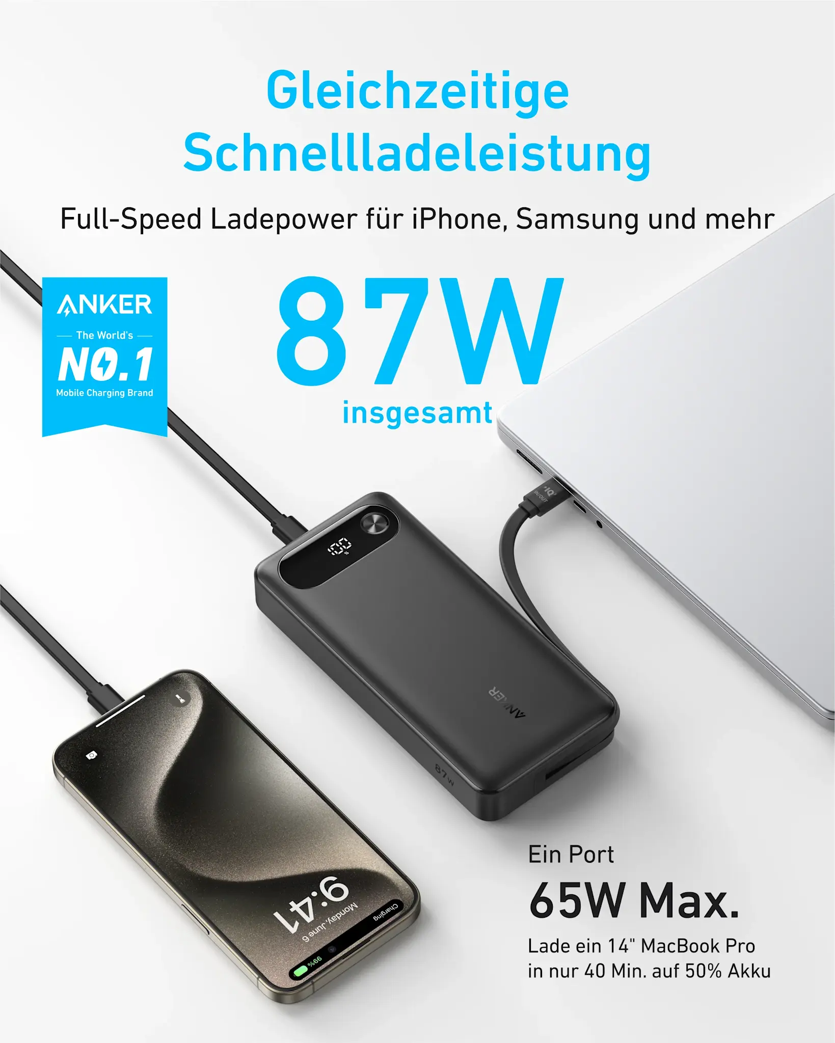 Anker Two-Way Power Bank Built in USB-C Cable 87W 20,000mAh - Black