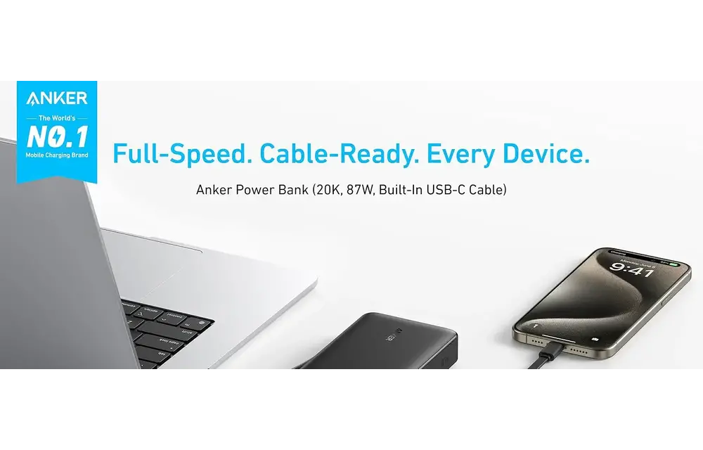 Anker Two-Way Power Bank Built in USB-C Cable 87W 20,000mAh - Black