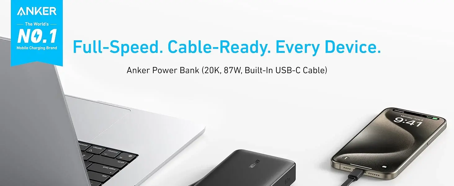 Anker Two-Way Power Bank Built in USB-C Cable 87W 20,000mAh - Black