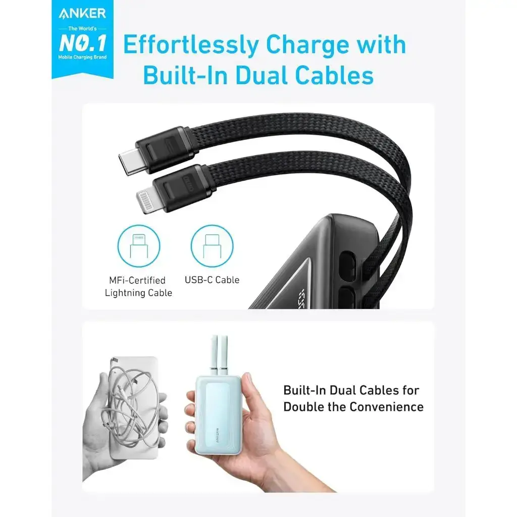 Anker Zolo Power Bank Built in USB-C and Lightning Cable 10,000mAh - Black