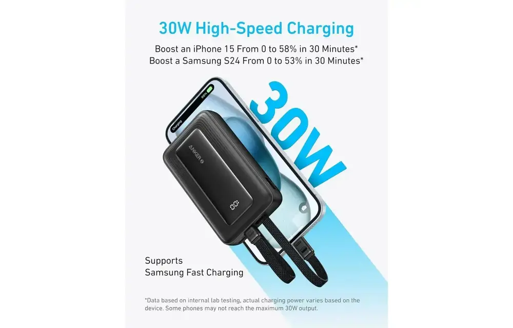 Anker Zolo Power Bank Built in USB-C and Lightning Cable 10,000mAh - Black