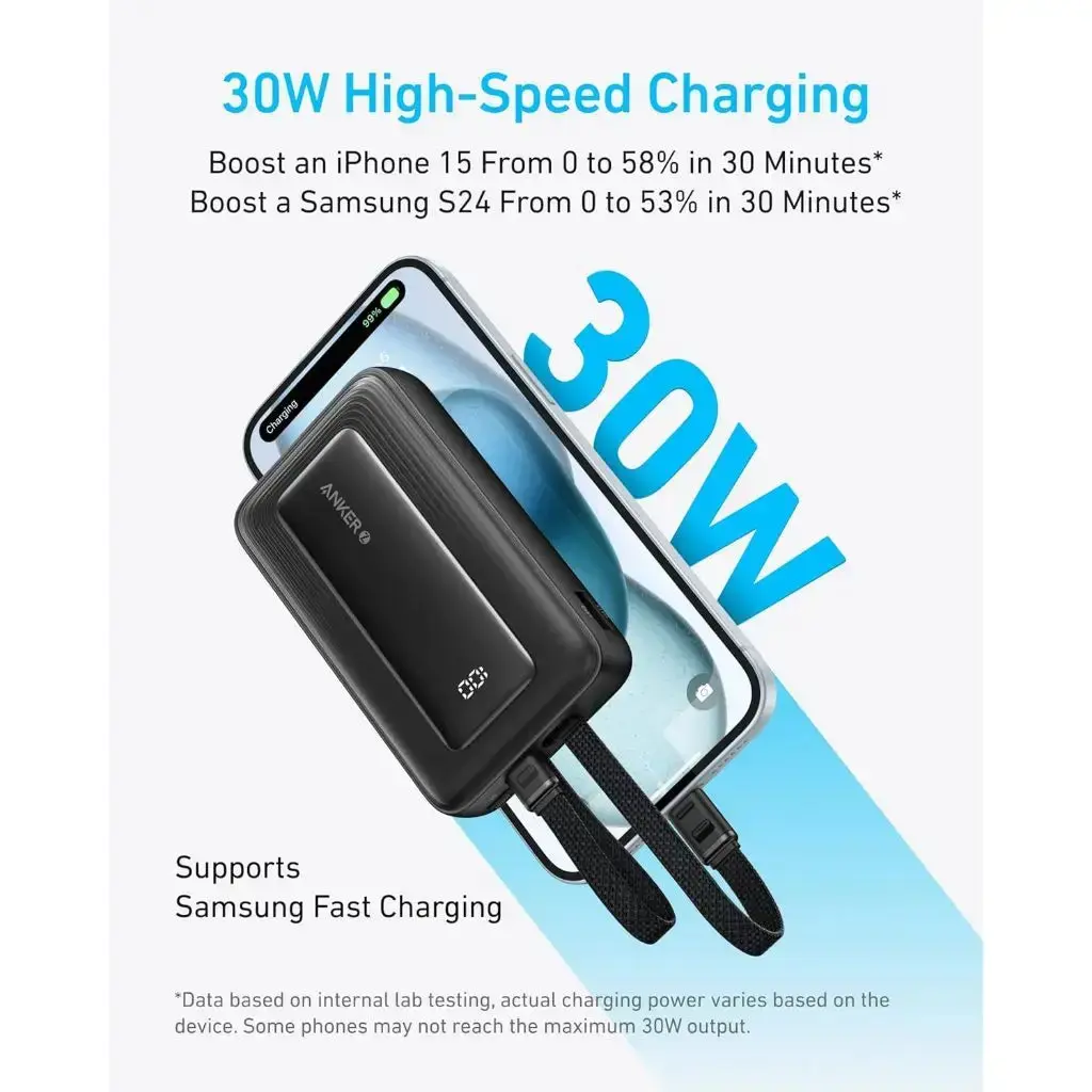 Anker Zolo Power Bank Built in USB-C and Lightning Cable 10,000mAh - Black