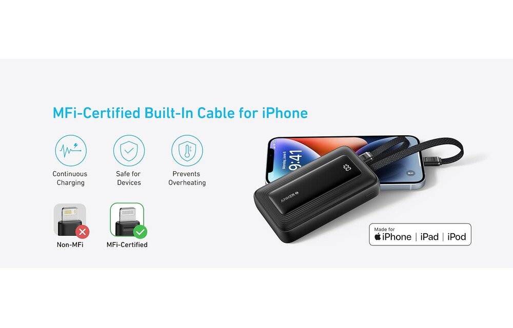 Anker Zolo Power Bank Built in USB-C and Lightning Cable 10,000mAh - Black