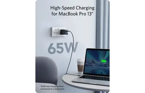 Anker High Speed 3-in1 GaN Charger 65W, 2 Type-C & 1 USB-A Port - Black