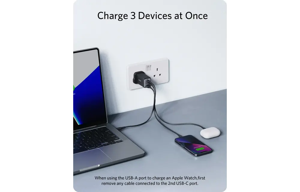 Anker High Speed 3-in1 GaN Charger 65W, 2 Type-C & 1 USB-A Port - Black