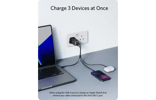 Anker High Speed 3-in1 GaN Charger 65W, 2 Type-C & 1 USB-A Port - Black