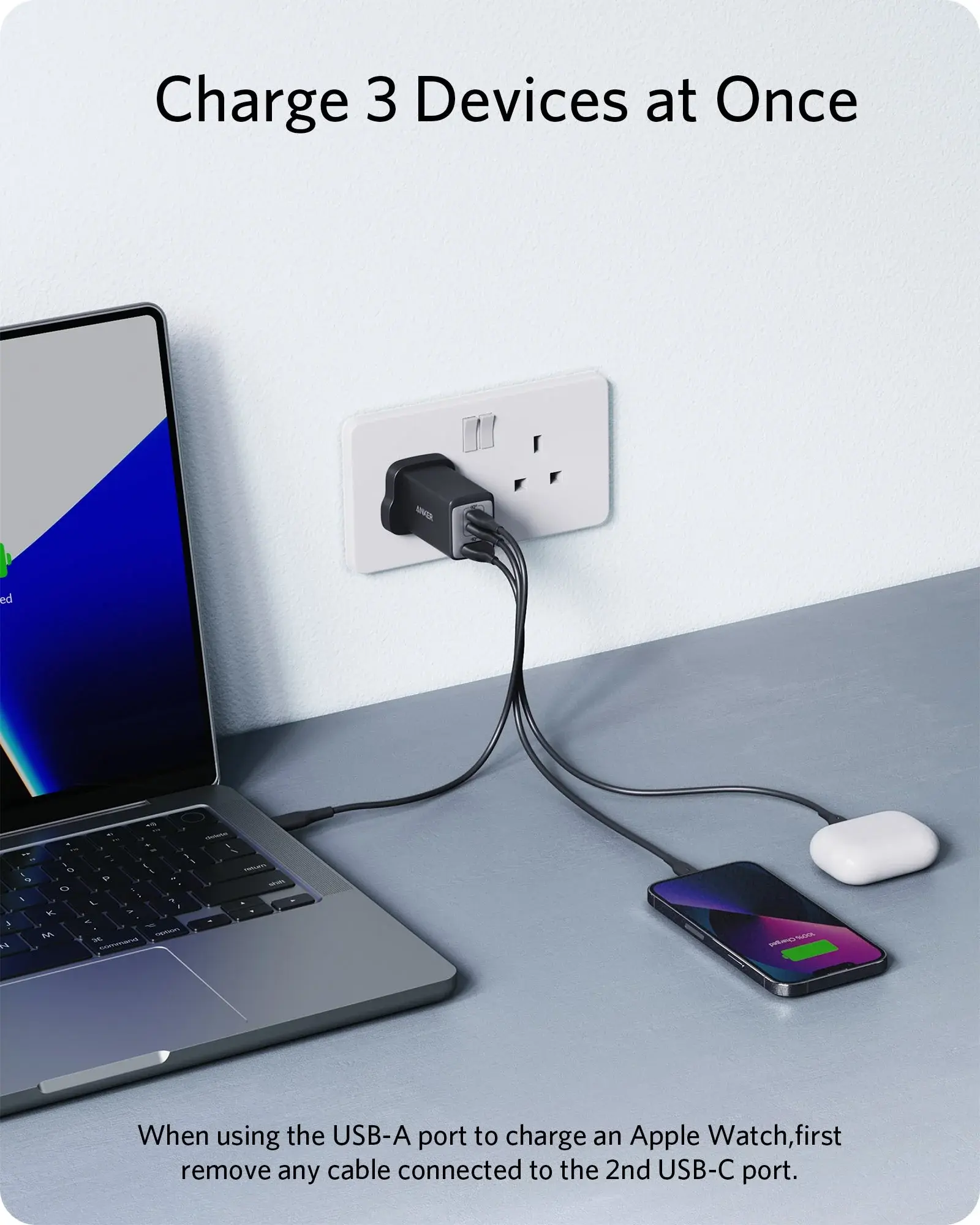 Anker High Speed 3-in1 GaN Charger 65W, 2 Type-C & 1 USB-A Port - Black