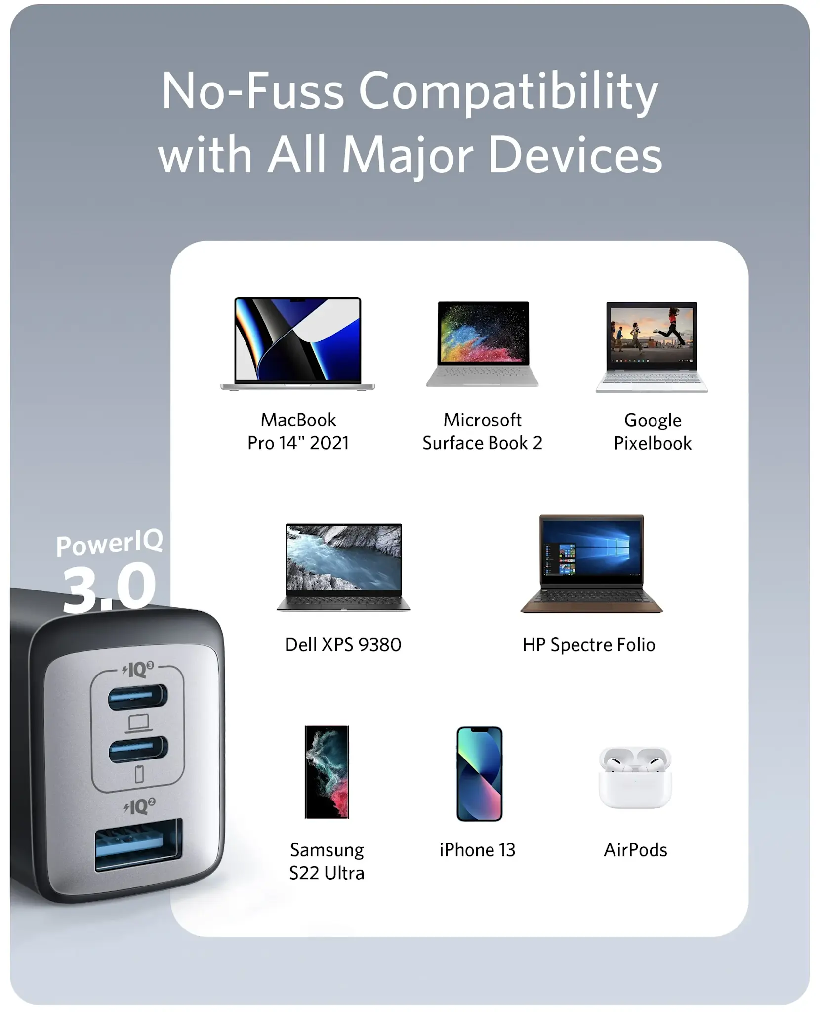 Anker High Speed 3-in1 GaN Charger 65W, 2 Type-C & 1 USB-A Port - Black