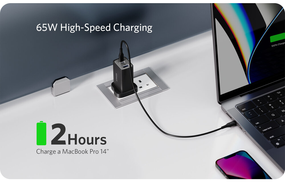 Anker High Speed 3-in1 GaN Charger 65W, 2 Type-C & 1 USB-A Port - Black