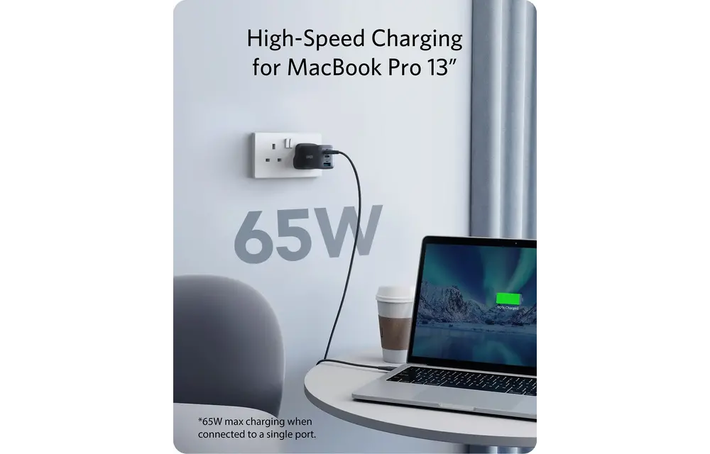 Anker High Speed 3-in1 GaN Charger 65W, 2 Type-C & 1 USB-A Port - Black