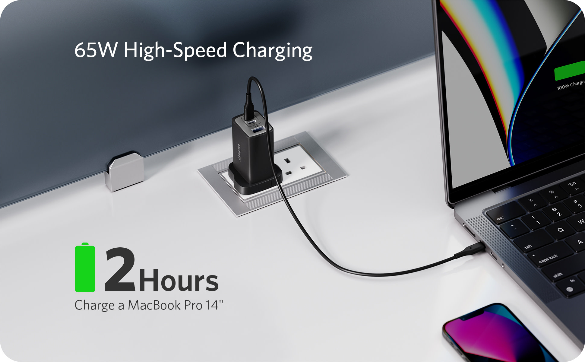 Anker High Speed 3-in1 GaN Charger 65W, 2 Type-C & 1 USB-A Port - Black