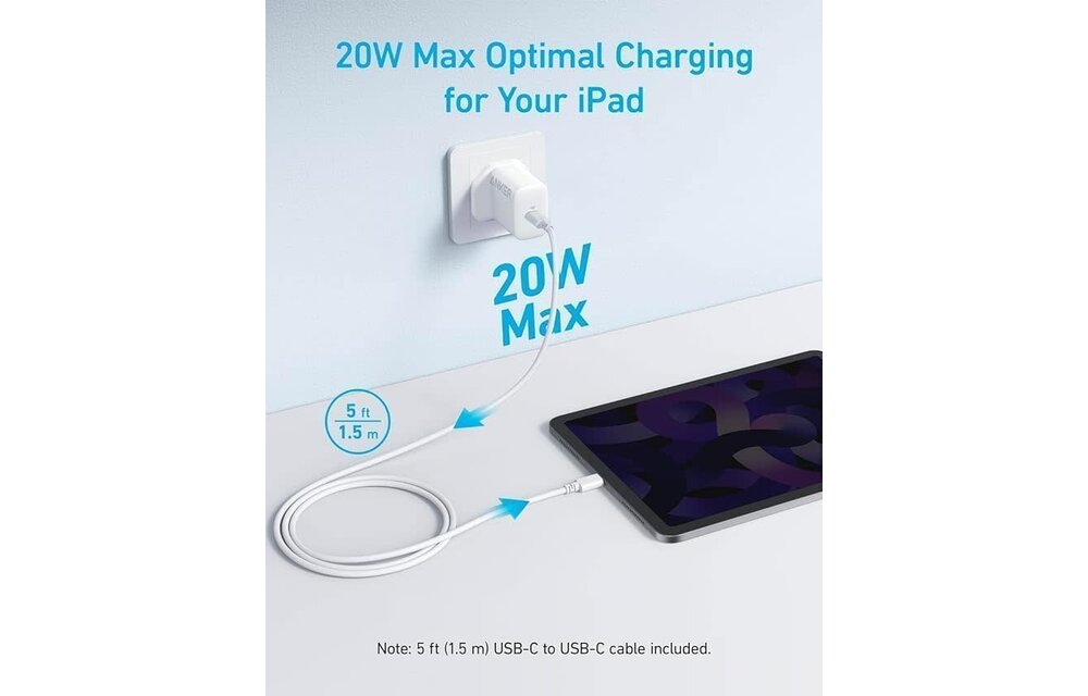 Anker High Speed 20W USB-C Wall Charger with USB-C Cable 1.5m - White