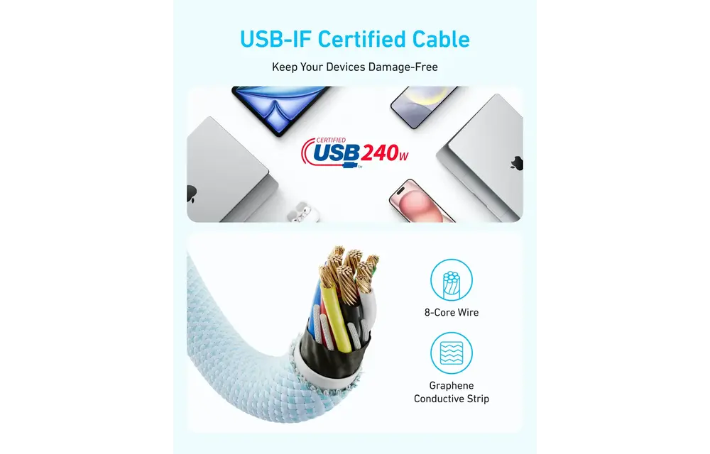 Anker Zolo Dirt-Resistant Braided Fast Charging USB-C Cable 240W, 6ft/1.83m - White