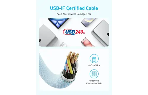 Anker Zolo Dirt-Resistant Braided Fast Charging USB-C Cable 240W, 6ft/1.83m - White