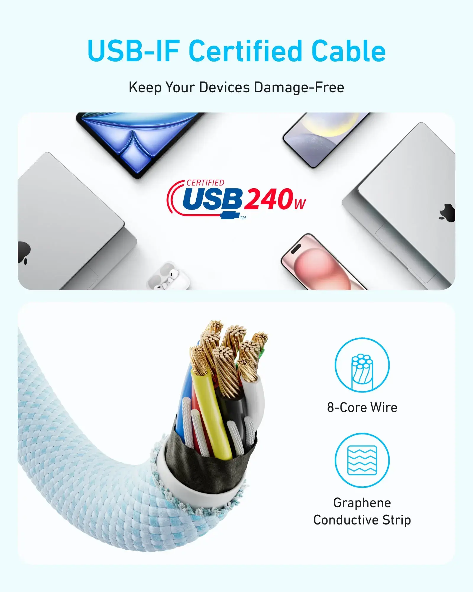 Anker Zolo Dirt-Resistant Braided Fast Charging USB-C Cable 240W, 6ft/1.83m - White