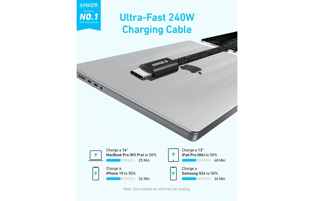 Anker Zolo Dirt-Resistant Braided Fast Charging USB-C Cable 240W, 6ft/1.83m - Black