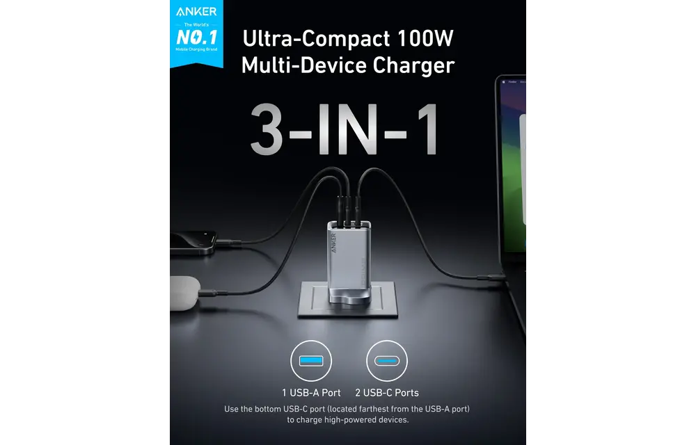 Anker Prime Powerful and Portable Charger 3 Ports GaN Charger 100W  - Gray