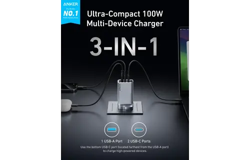 Anker Prime Powerful and Portable Charger 3 Ports GaN Charger 100W  - Gray
