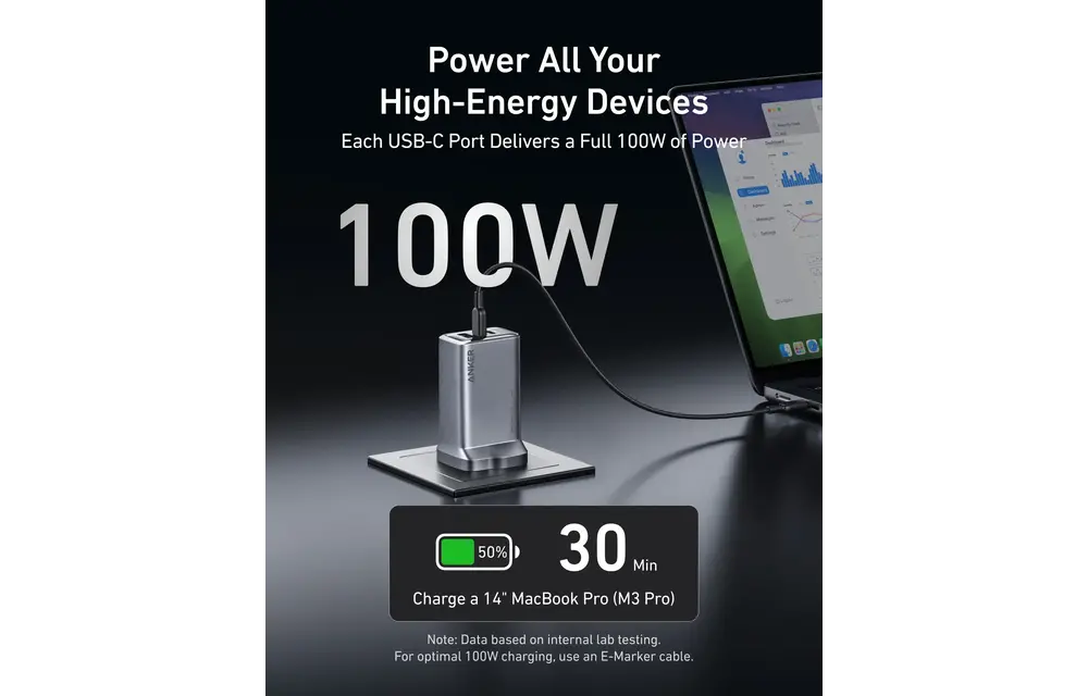 Anker Prime Powerful and Portable Charger 3 Ports GaN Charger 100W  - Gray