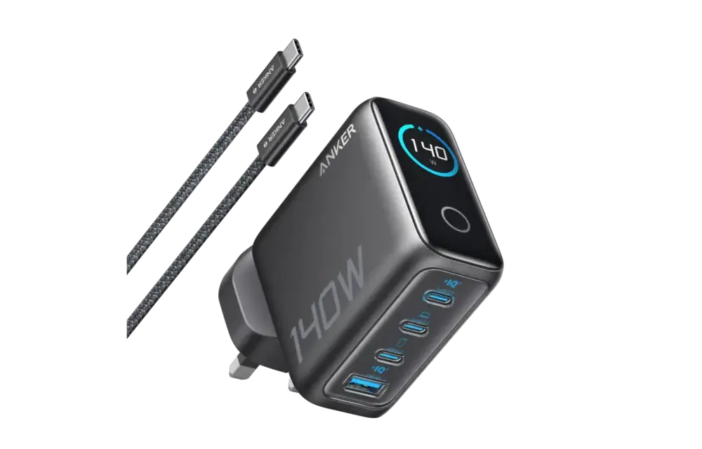 Anker Fast Wall Charger PD 140 W , 4-Port with Smart Display and USB-C Cable 5ft/1.5m - Space Black