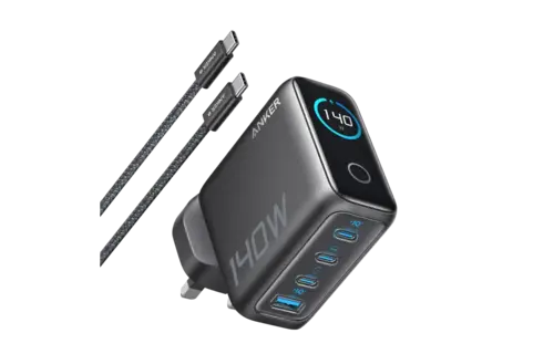Anker Fast Wall Charger PD 140 W , 4-Port with Smart Display and USB-C Cable 5ft/1.5m - Space Black