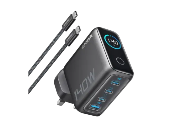 Anker Fast Wall Charger PD 140 W , 4-Port with Smart Display and USB-C Cable 5ft/1.5m - Space Black