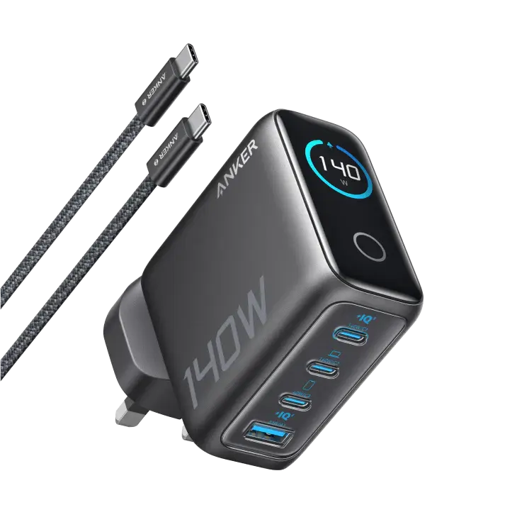 Anker Fast Wall Charger PD 140 W , 4-Port with Smart Display and USB-C Cable 5ft/1.5m - Space Black