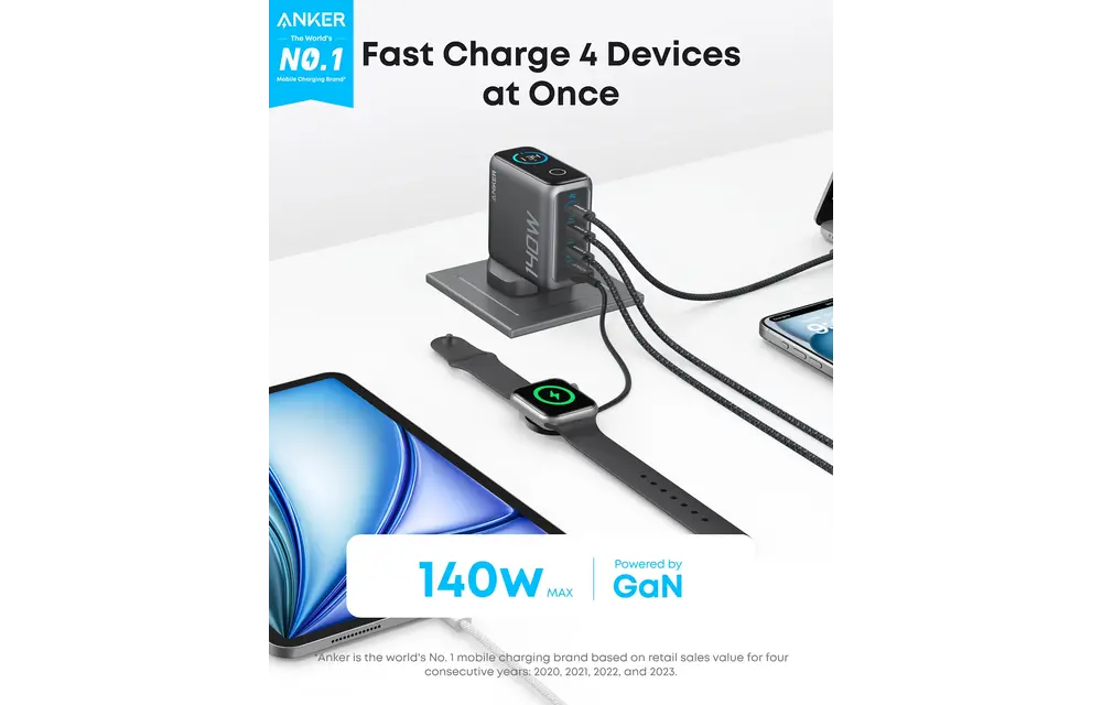 Anker Fast Wall Charger PD 140 W , 4-Port with Smart Display and USB-C Cable 5ft/1.5m - Space Black