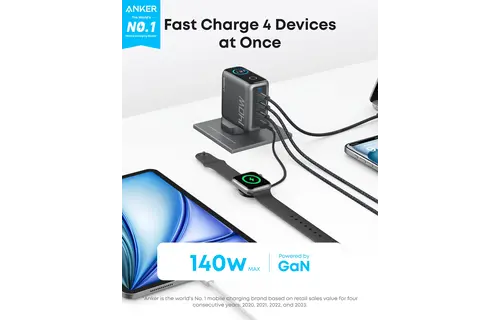 Anker Fast Wall Charger PD 140 W , 4-Port with Smart Display and USB-C Cable 5ft/1.5m - Space Black