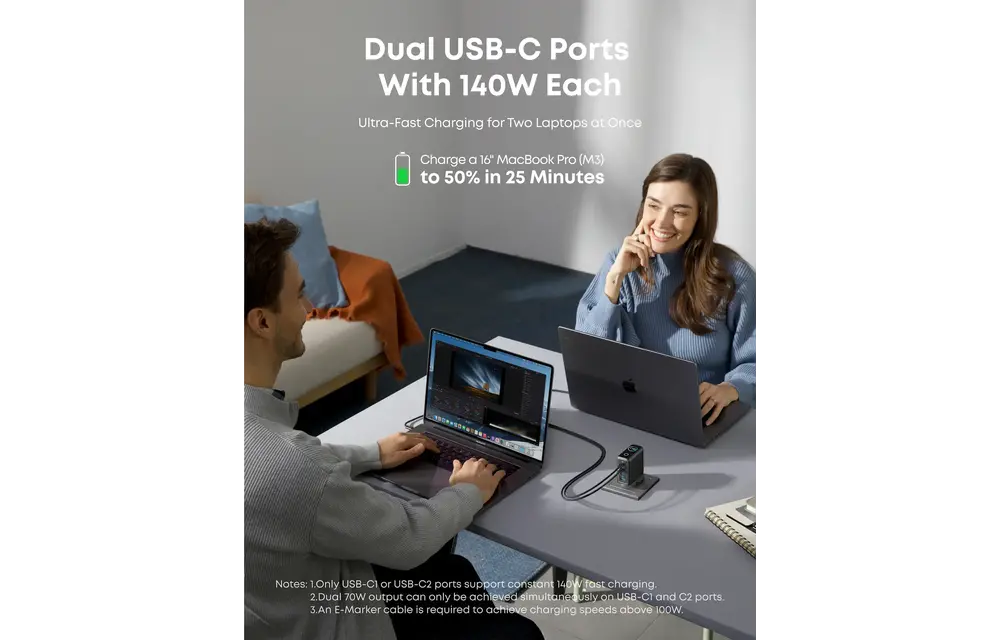 Anker Fast Wall Charger PD 140 W , 4-Port with Smart Display and USB-C Cable 5ft/1.5m - Space Black