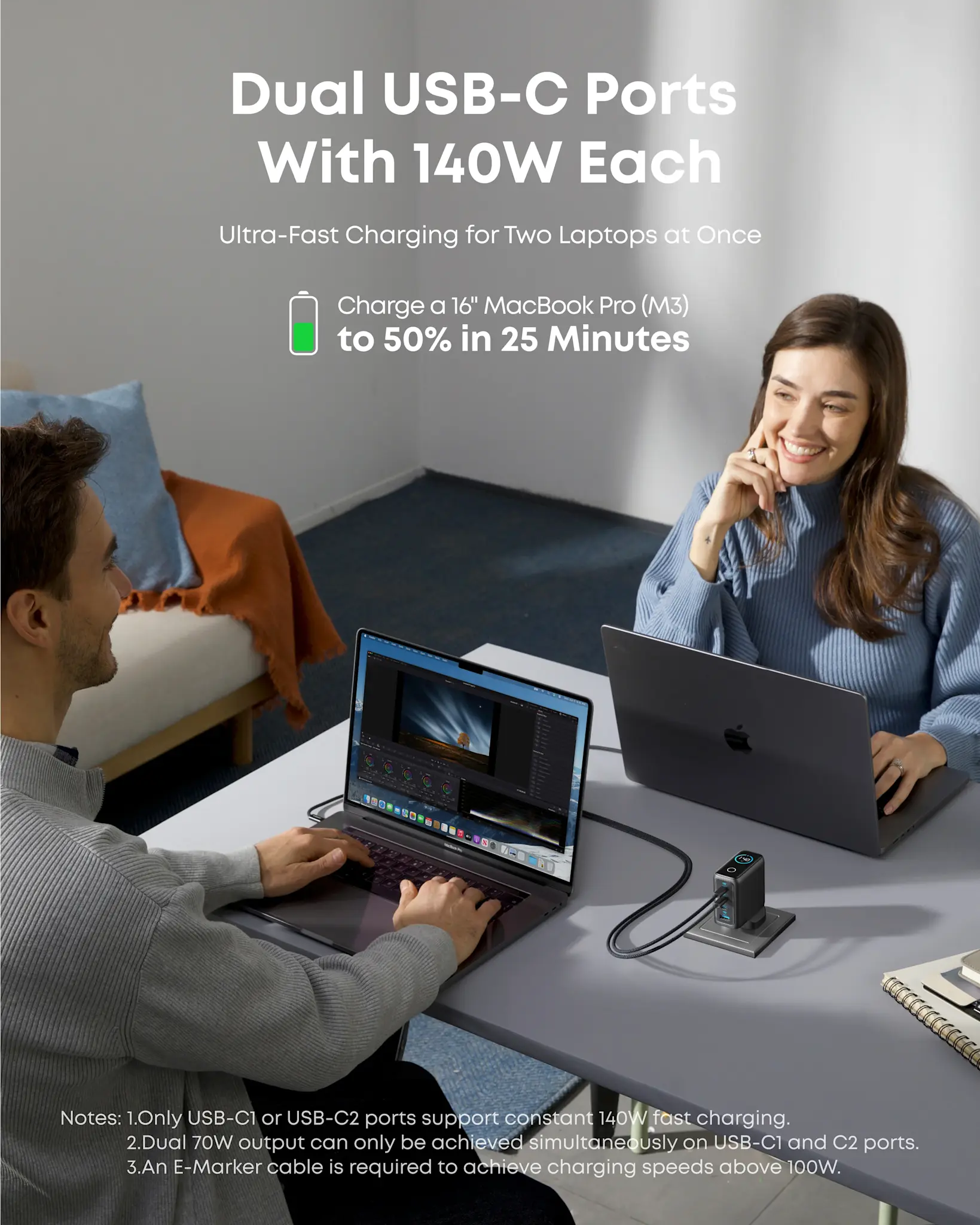 Anker Fast Wall Charger PD 140 W , 4-Port with Smart Display and USB-C Cable 5ft/1.5m - Space Black