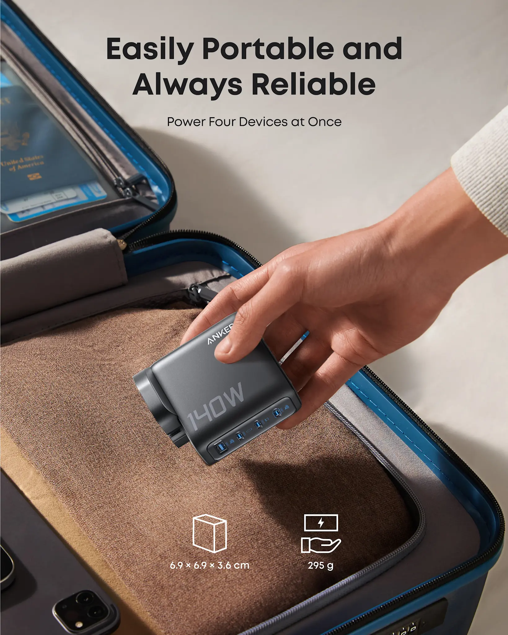 Anker Fast Wall Charger PD 140 W , 4-Port with Smart Display and USB-C Cable 5ft/1.5m - Space Black