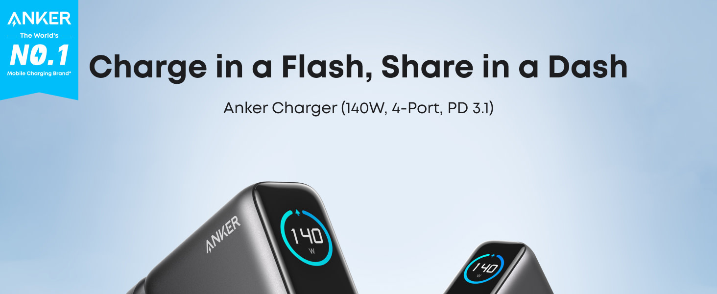 Anker Fast Wall Charger PD 140 W , 4-Port with Smart Display and USB-C Cable 5ft/1.5m - Space Black
