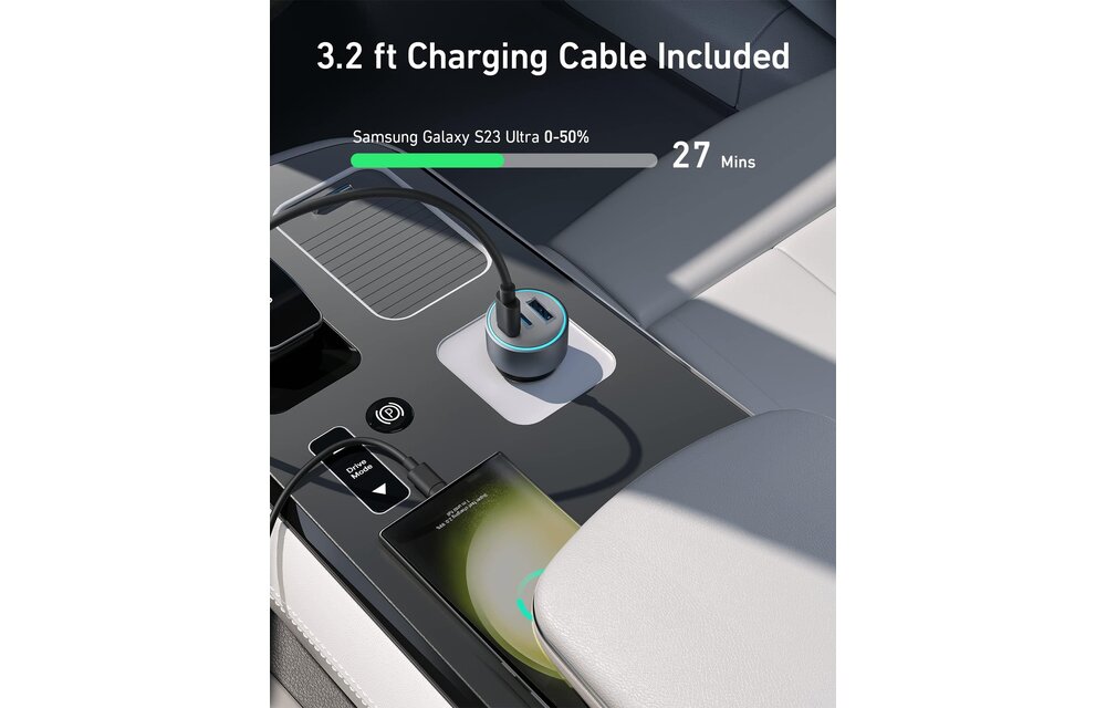 Anker 335, 3 Port Car Charger 67W with USB-C Cable 3.3ft/1m - Black