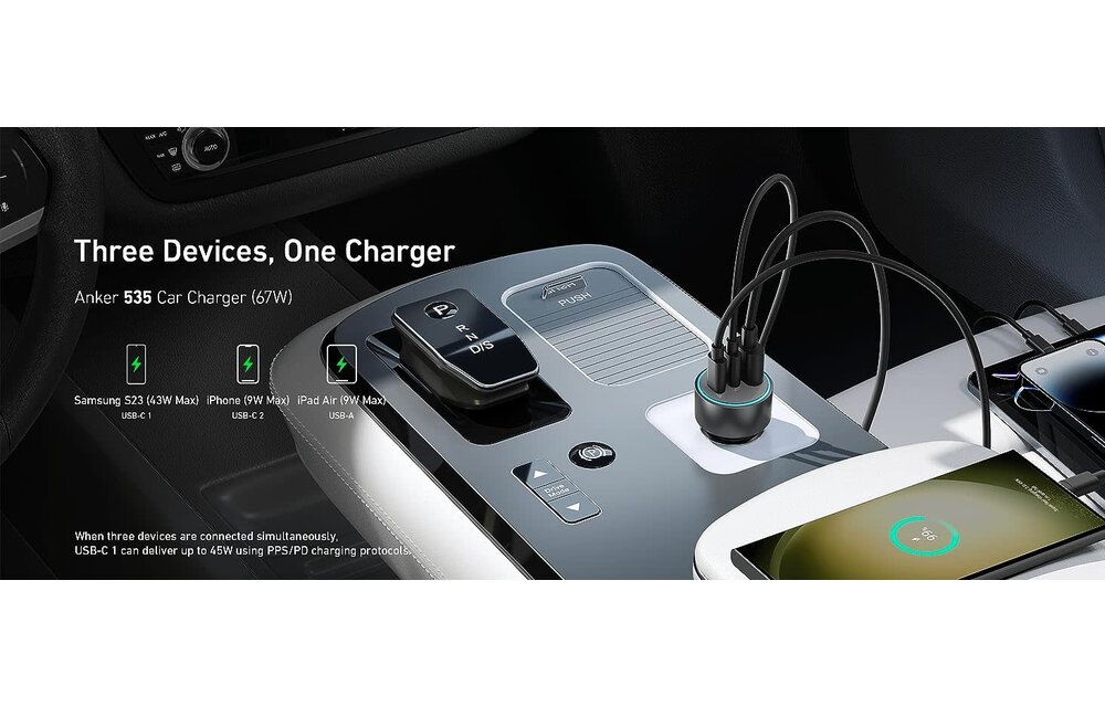 Anker 335, 3 Port Car Charger 67W with USB-C Cable 3.3ft/1m - Black
