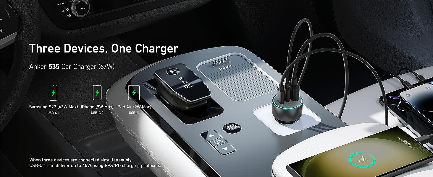 Anker 335, 3 Port Car Charger 67W with USB-C Cable 3.3ft/1m - Black