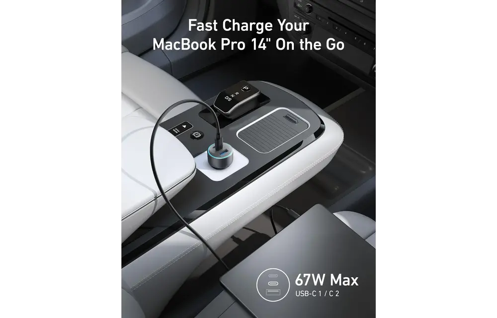 Anker 335, 3 Port Car Charger 67W with USB-C Cable 3.3ft/1m - Black