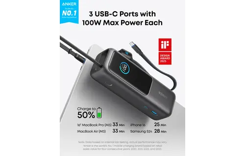 Anker Laptop Power Bank 25K,165W, Built-In Retractable 2x-USB-C Cables 2x-Extra-Port 25"000mAh - Black