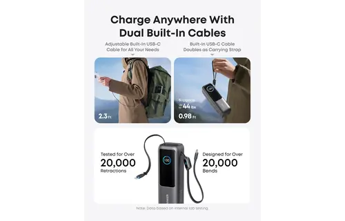 Anker Laptop Power Bank 25K,165W, Built-In Retractable 2x-USB-C Cables 2x-Extra-Port 25"000mAh - Black