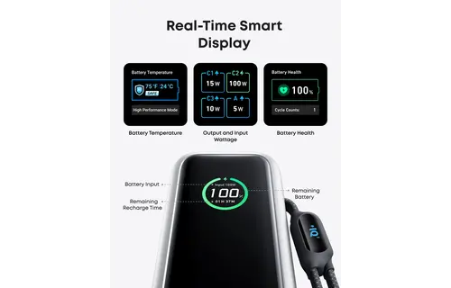 Anker Laptop Power Bank 25K,165W, Built-In Retractable 2x-USB-C Cables 2x-Extra-Port 25"000mAh - Black