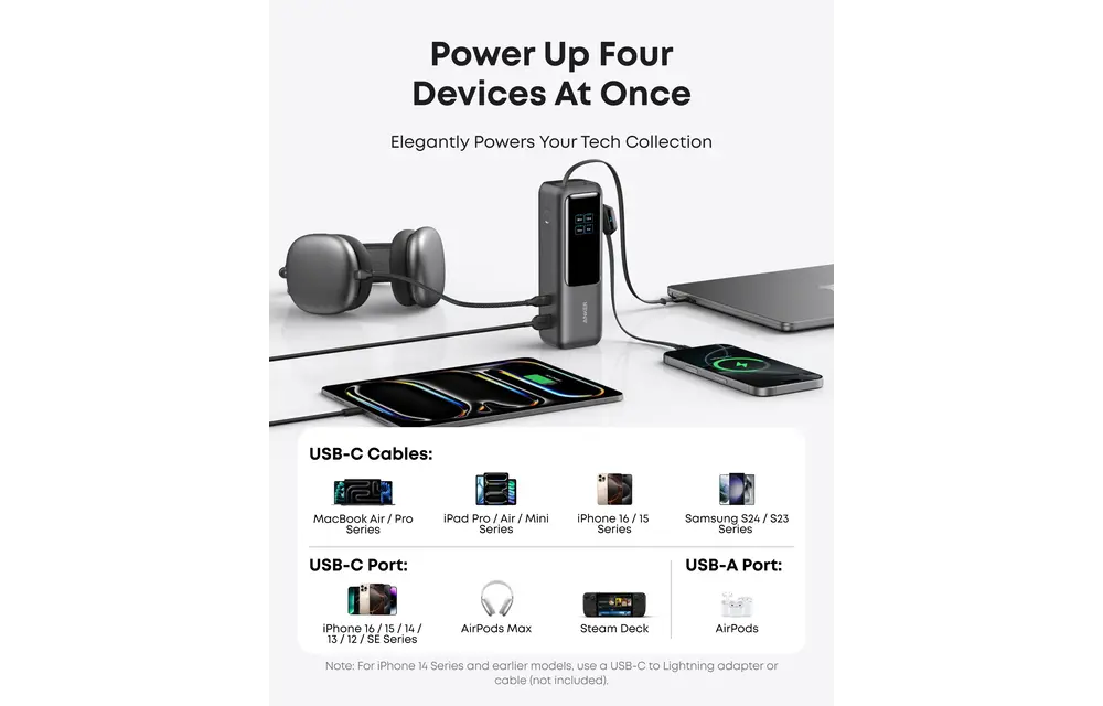 Anker Laptop Power Bank 25K,165W, Built-In Retractable 2x-USB-C Cables 2x-Extra-Port 25"000mAh - Black