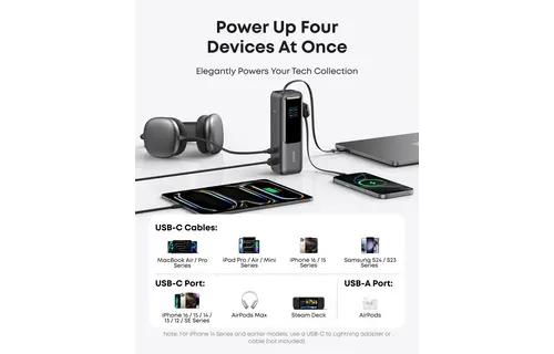 Anker Laptop Power Bank 25K,165W, Built-In Retractable 2x-USB-C Cables 2x-Extra-Port 25"000mAh - Black