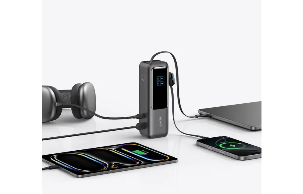 Anker Laptop Power Bank 25K,165W, Built-In Retractable 2x-USB-C Cables 2x-Extra-Port 25"000mAh - Black