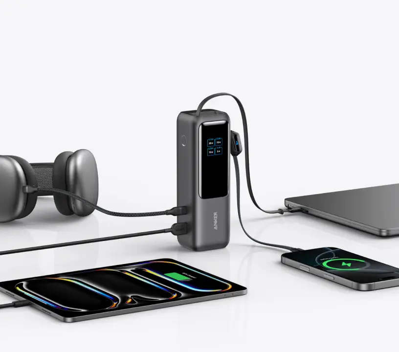 Anker Laptop Power Bank 25K,165W, Built-In Retractable 2x-USB-C Cables 2x-Extra-Port 25"000mAh - Black