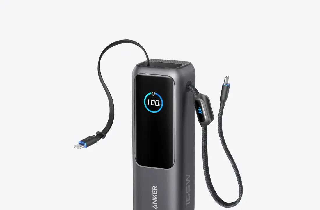 Anker Laptop Power Bank 25K,165W, Built-In Retractable 2x-USB-C Cables 2x-Extra-Port 25"000mAh - Black