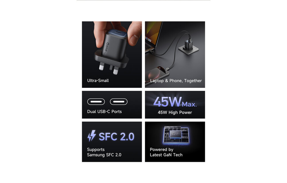 Mcdodo Gana Mini Gan Tech Dual USB-C Ports Charger 45W - Black