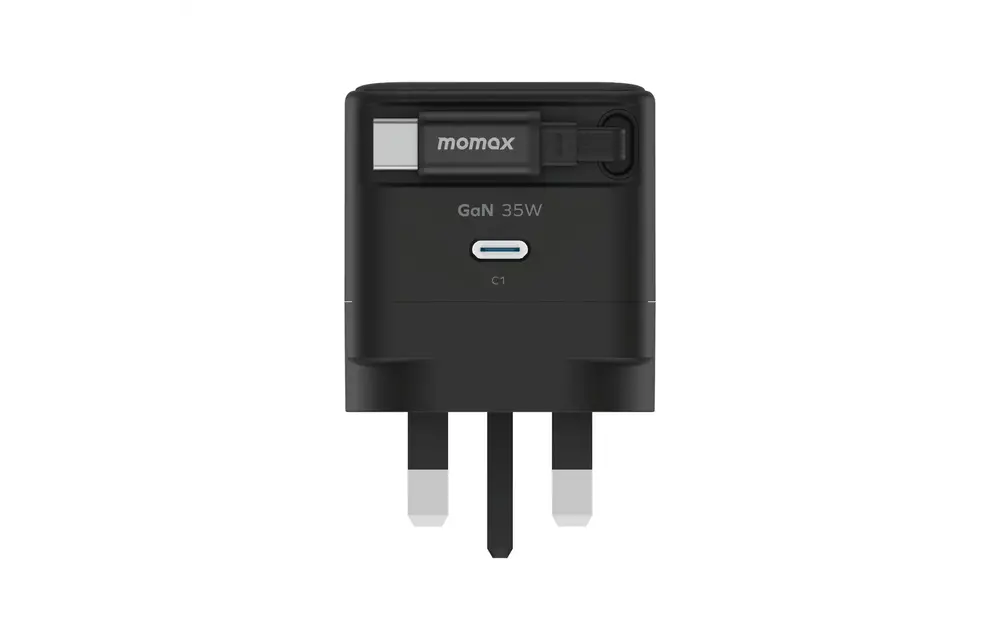 Momax 1-Charge Plus 1 Port GaN Charger 35W with Retractable USB-C Cable - Black