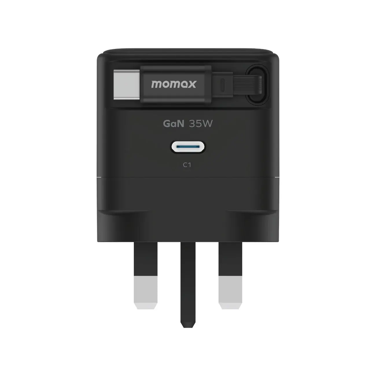 Momax 1-Charge Plus 1 Port GaN Charger 35W with Retractable USB-C Cable - Black